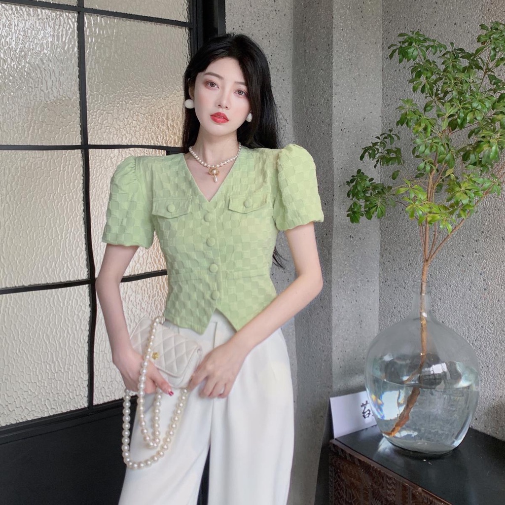 Áo Sơ Mi Tay Ngắn Cổ Chữ V Thời Trang Mùa Hè Phong Cách Pháp Hàng Mới Cho Nữ