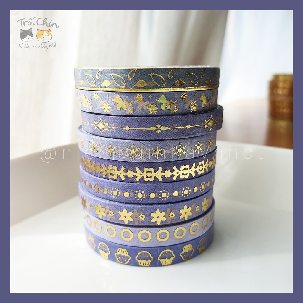 [HÀNG CÓ SẴN] [ẢNH THẬT] Washi tape nhũ ánh kim cực kì sắc nét TÍM XANH - Gold Periwinkle Washi tape (5mm*2m)