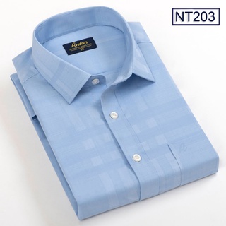 Áo Sơ Mi Nam Công Sở Trung Niên Anton Somianton Xanh Dương Ngắn Tay Họa Tiết Kẻ Caro Vải Sợi Tre Thấm Hút Mồ Hôi - NT203