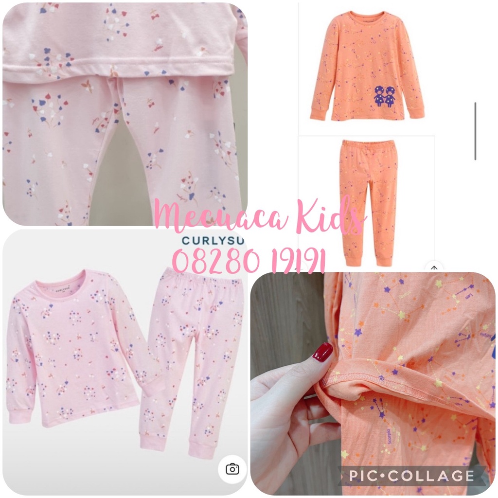 [120] Bộ dài tay cotton mỏng co giãn mặc nhà thu đông Curlysue màu cam, hồng cho bé gái xuất Hàn dư xịn