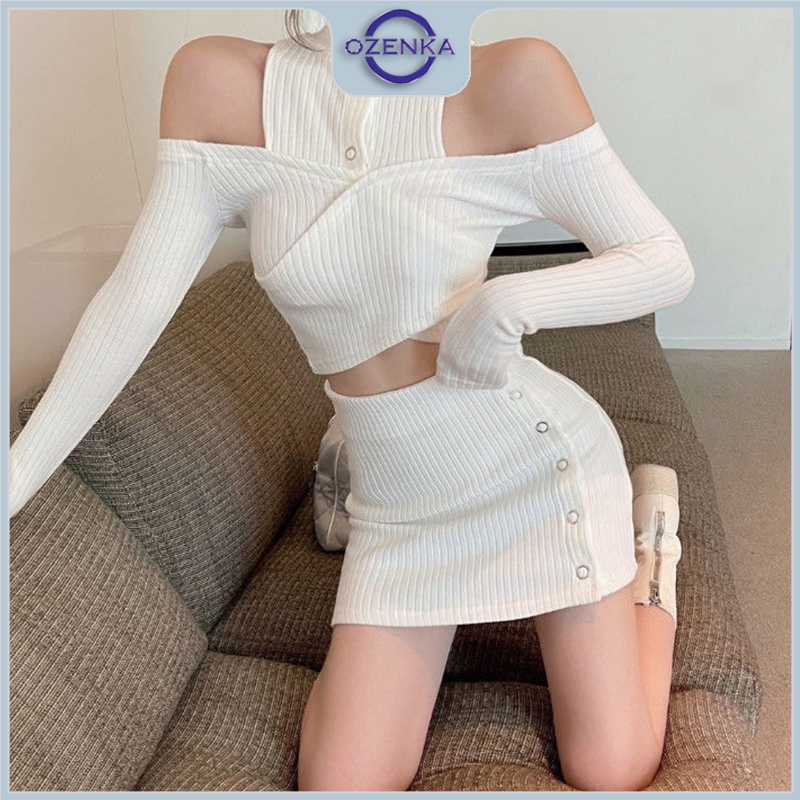 Set áo croptop tay dài trễ vai chân váy ngắn ôm body OZENKA , bộ áo crt kiểu cổ lọ sang chảnh gợi cảm màu đen trắng