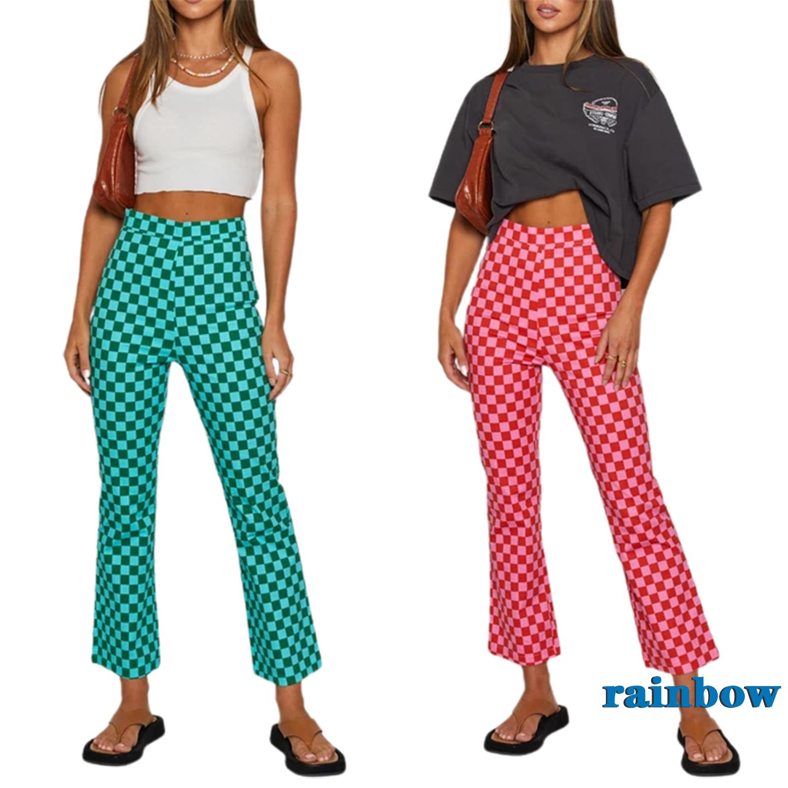 RAINBOW-Women Casual Skinny Pants, Classic High Waist Plaid Printed Slim Fit Flare Pants