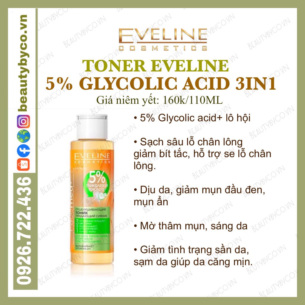 ( SẴN )Toner Eveline 5% Glycolic acid - Glycol Therapy làm căng bóng da, mờ thâm mụn | BigBuy360 - bigbuy360.vn