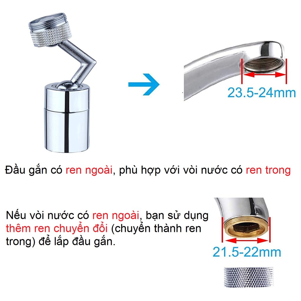 Đầu nối vòi nước xoay 720 độ, bằng đồng thau cao cấp Waternymph, tạo bọt, chống bắn, hai chế độ phun (tặng kèm ren)