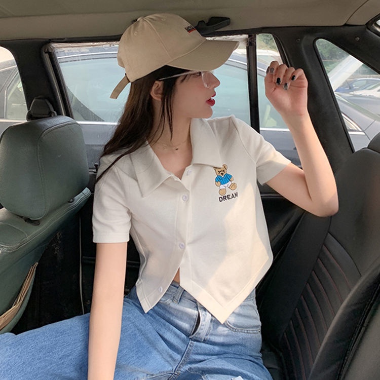Mới Áo Thun Nữ Tay Ngắn In Hình Gấu Và Chữ Thời Trang