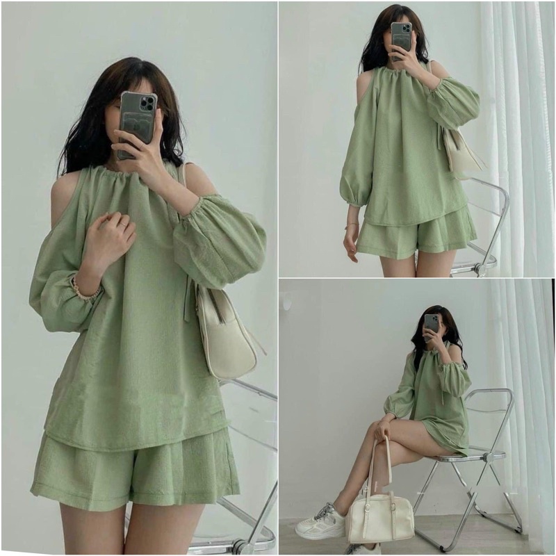 Set Áo Cổ Yếm Khoét Vai Kèm Short Xanh Cốm Chất Xốp
