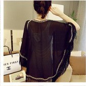 Áo khoác kimono voan viền thổ cẩm - Đen