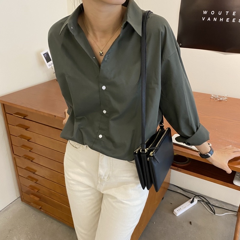Áo Sơ Mi Dài Tay Chất Liệu Cotton Màu Xanh Rêu dành cho Nữ Heebyohi