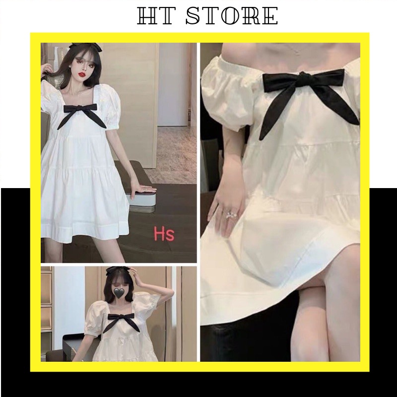 Đầm Babydoll nữ Trắng Cổ Vuông Nơ Cài , Váy Nữ Cộc Tay Nơ Đen Dáng Xòe Q001 - HT STORE