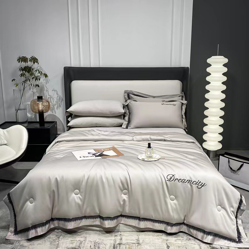 Bộ chăn ga gối lụa Dream city và lụa chữ H sang chảnh chăn trần hè mát lạnh giá rẻ