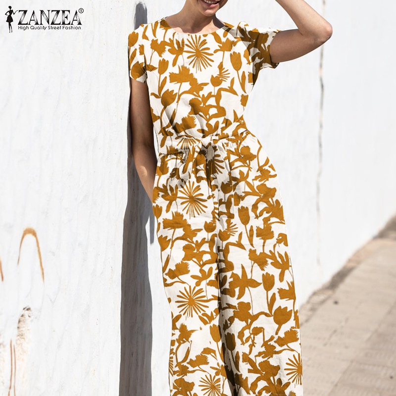 Áo liền quần ZANZEA in họa tiết có túi gài nút sau lưng phong cách Châu Âu cho nữ