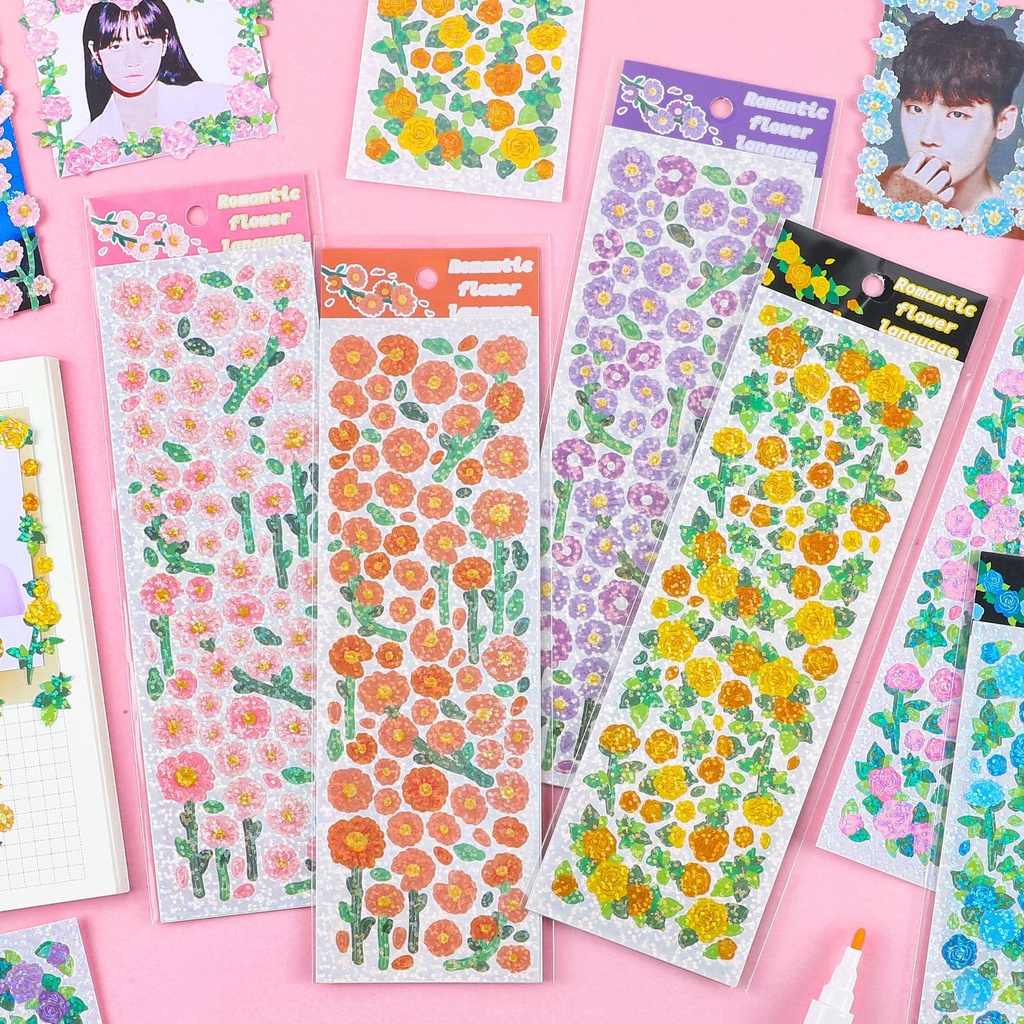 Sticker PVC Lấp Lánh Dán Trang Trí Toploader Hình Hoa Romantic Flower Language