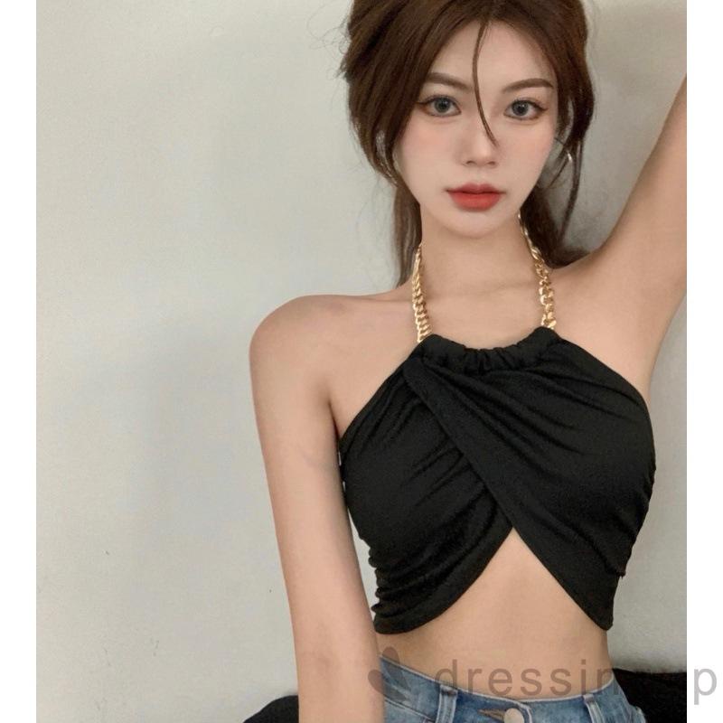 DRESSINGUP-Áo croptop sát nách phối dây xích kim loại hở lưng thời trang hè quyến rũ cho nữ