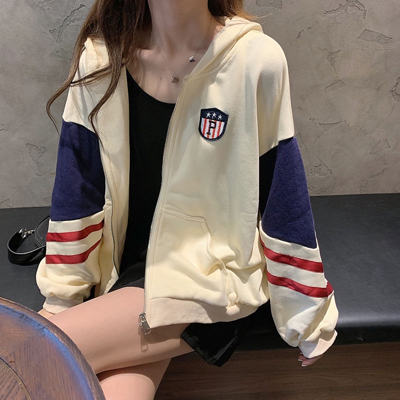 Áo hoodie tay dài phối màu tương phản thời trang Hàn Quốc