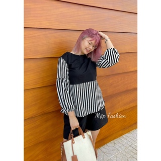 Mập Fashion ( 50 - 90 KG)  SET ÁO SỌC ĐEN TRẮNG MIX QUẦN SOOC KIỂU DÁNG TRẺ TRUNG NĂNG ĐỘNG