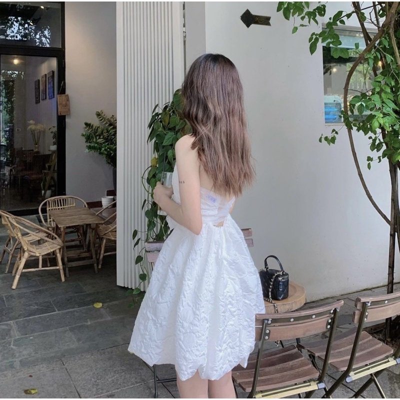 Váy Gấm Xốp Cổ Yếm Đan Lưng, Đầm Nữ Cực Xinh Ulzzang Hàn Quốc