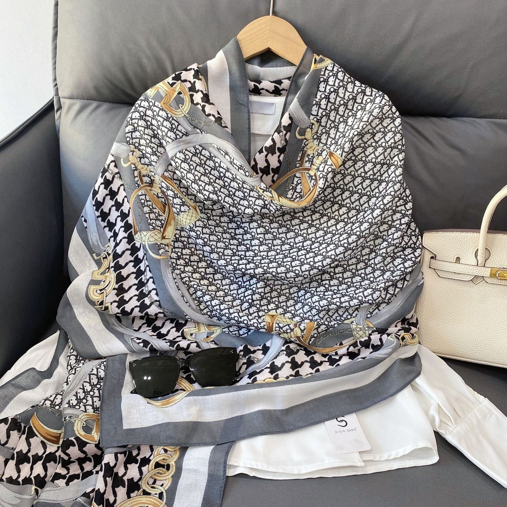 Khăn Choàng Lụa Cotton Lanh Chống Nắng Phối Dây Xích Phong Cách Âu Mỹ Thời Trang Cho Nữ Giao Hàng 24H