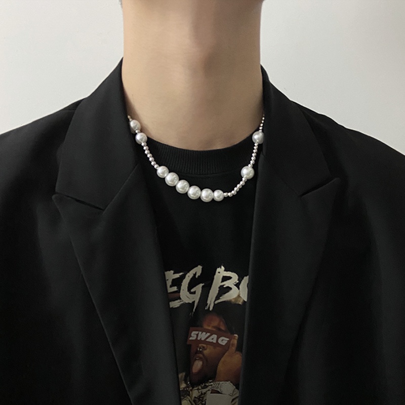 Vòng cổ Thép Titan Đính Ngọc Trai Phong Cách hip hop Đường Phố Cho Nam Và Nữ