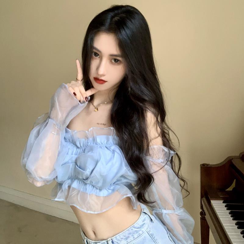 Áo Kiểu Tay Dài Phồng Trễ Vai Phối Lưới Phong Cách Pháp