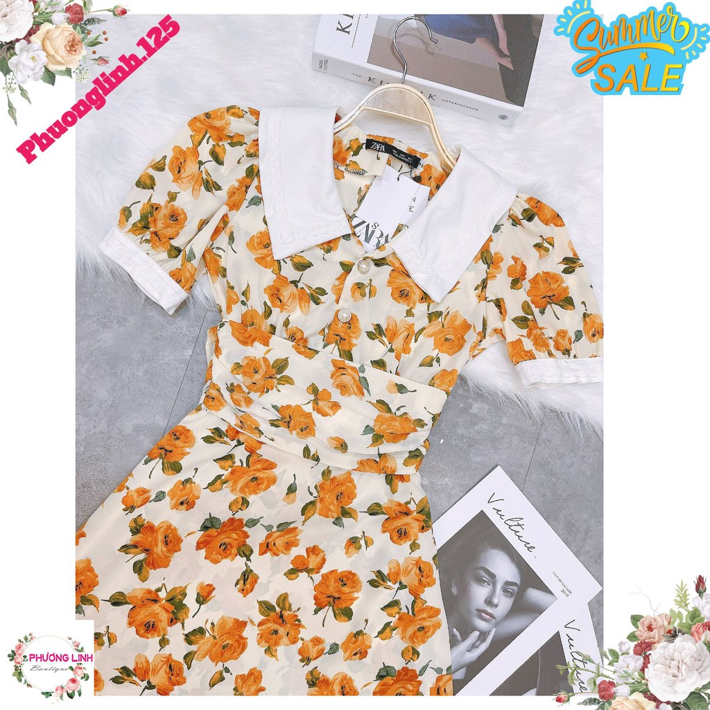 VÁY HOA VÀNG CAM PHỐI CÚC NGỌC VINTAGE | BigBuy360 - bigbuy360.vn