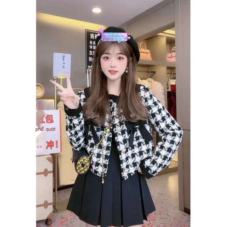 Áo Khoác Dáng Ngắn Họa Tiết Kẻ Sọc Đính Nơ Nhỏ Sang Trọng Thời Trang Mùa Thu 2022 Cho Nữ