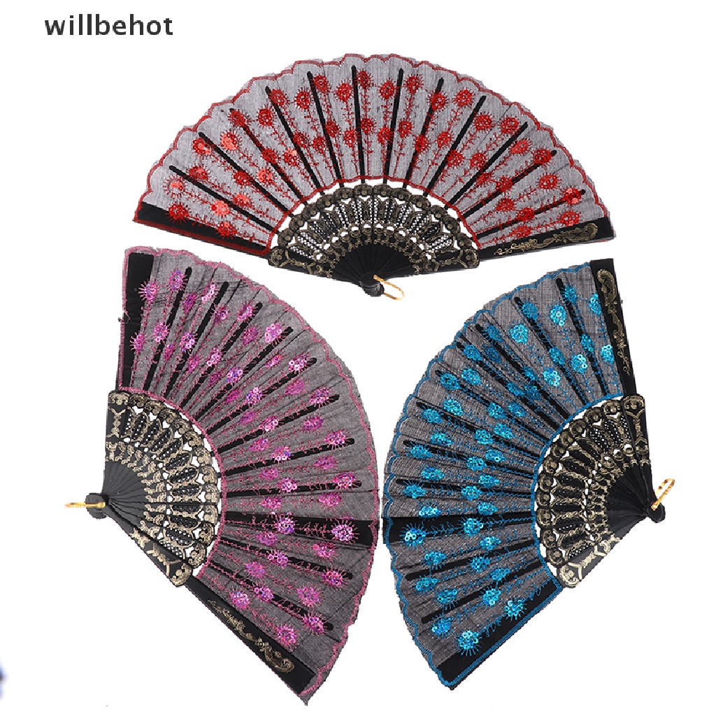 Quạt Xếp Cầm Tay Bằng Lụa Đính Kim Sa Hình Chim Công Nghệ Thuật Làm Quà Cưới