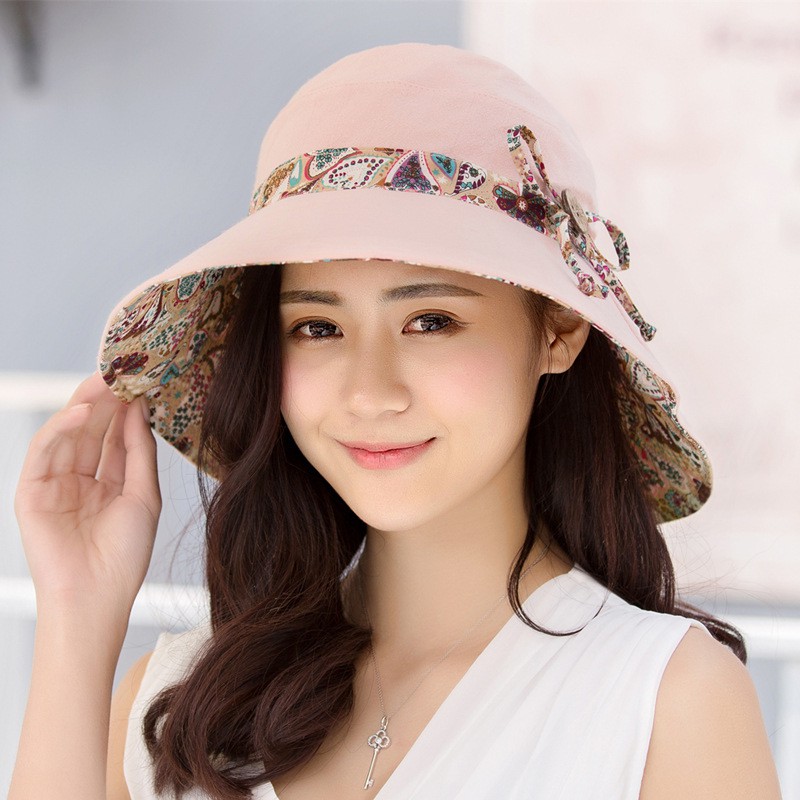 Nón Chống Nắng Vành Rộng 2 Mặt Trơn Phối Hoa