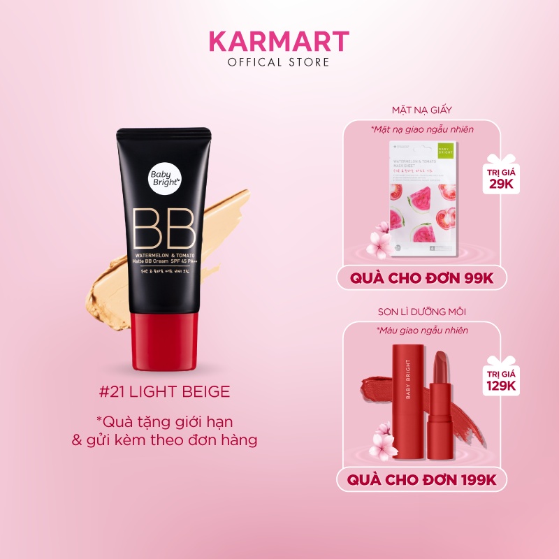 Kem Nền Kiềm Dầu Dưa Hấu Và Cà Chua Baby Bright Watermelon &amp; Tomato Matte BB Cream SPF45 PA++ 30G