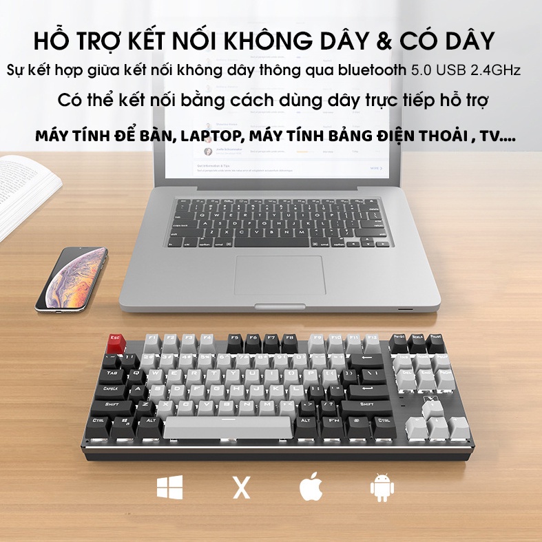 Bàn phím Cơ, Bluetooth Không Dây Pin Sạc K950 LED | phím blue switch cho máy tính pc laptop, điện thoại, máy tính bảng