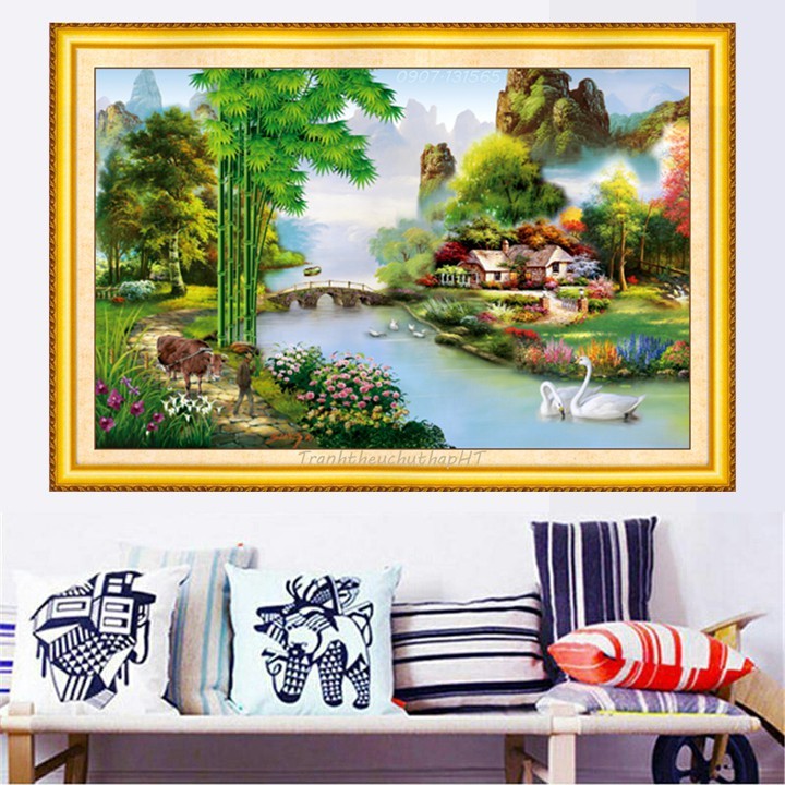 Tranh thêu chữ thập 3D làng quê thanh bình 90*58cm LV3283 - tự thêu