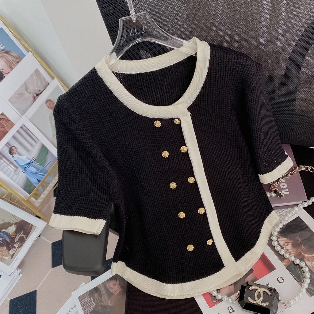 Áo Cardigan Tay Ngắn Hai Hàng Nút Đôi Phong Cách Hàn Quốc Chất Lượng Cao