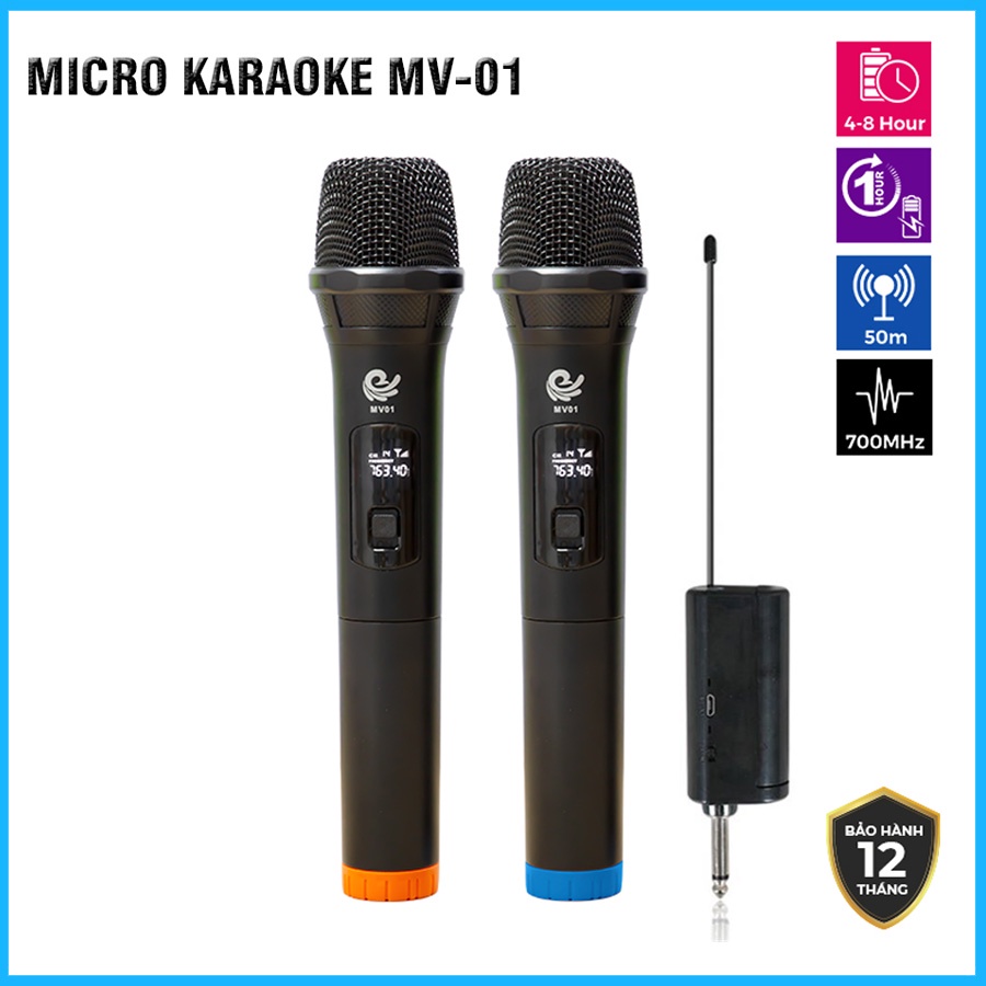 Bộ Micro Karaoke không dây Chính hãng Mv01, Chuyên dụng cho Loa kéo, Amply, Loa Bluetooth hỗ trợ Mic, Tần Số 50