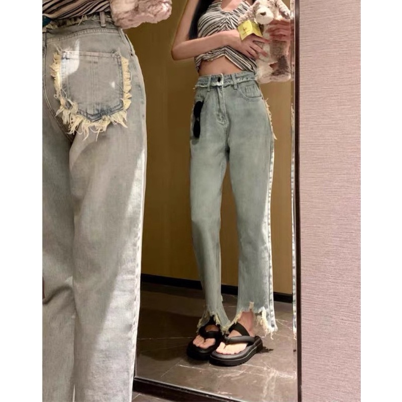Quần Jean Rách Lưng Cao Ống Đứng Thời Trang Cho Nữ