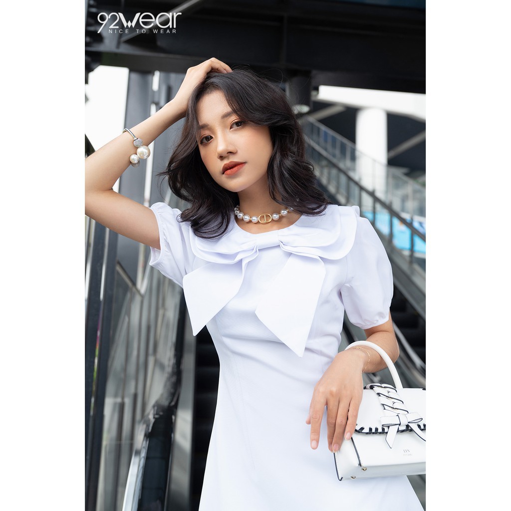 Đầm váy nữ công sở 92WEAR 2 MÀU đủ size dáng xòe ngắn tay cổ nơ DEW0516 | BigBuy360 - bigbuy360.vn