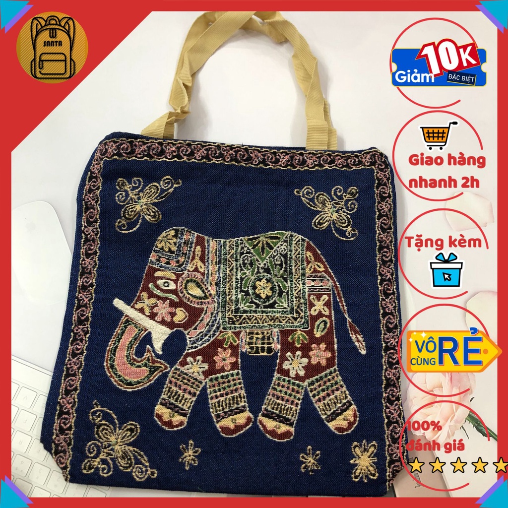 Túi thổ cẩm tote đeo vai Set kèm ví nữ hình cú, hoa văn thời trang giá rẻ, vải canvas màu sắc Vintage giá rẻ SANTA STORE