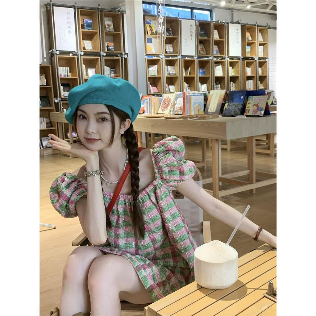 Đầm Tay Ngắn Cổ Vuông Họa Tiết Sọc Caro Phong Cách Hàn Quốc Thời Trang Cho Nữ