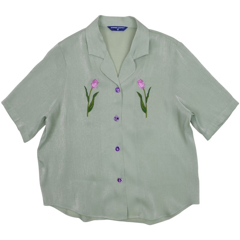 Áo Sơ Mi Tay Ngắn Thêu Hoa Tulip Thời Trang Mùa Hè Cho Nữ Size S-L 2 Kiểu
