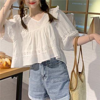 Áo Babydoll Ren Cổ Tim Tay Bồng Thô Đũi Siêu Đáng Yêu Freesize<53kg - A.031