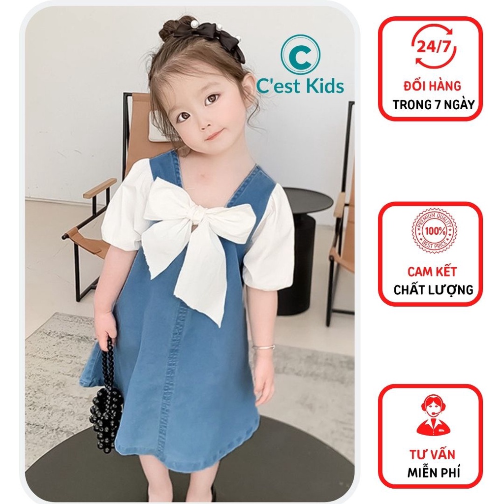 Váy bé gái, váy bò bé gái, váy jean phối tay phồng lên dáng xinh như công chúa Size nhí size trung size đại