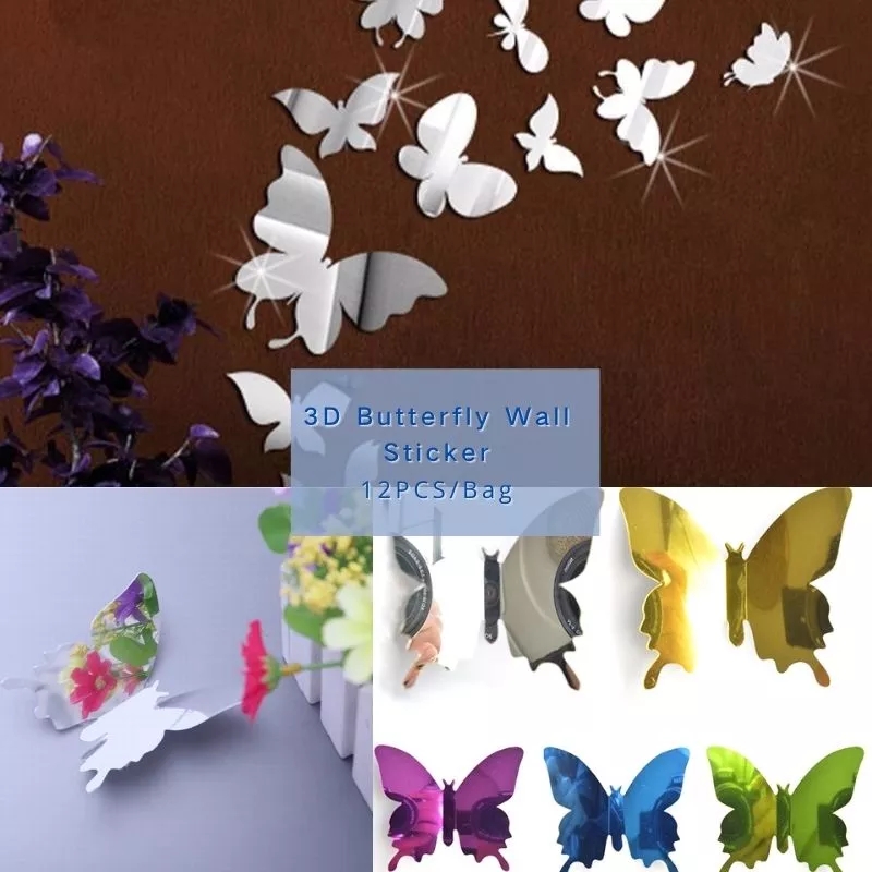 Set 12 Miếng Dán Tường Hình Bướm 3D Tráng Gương Trang Trí Tiệc/ Nội Thất