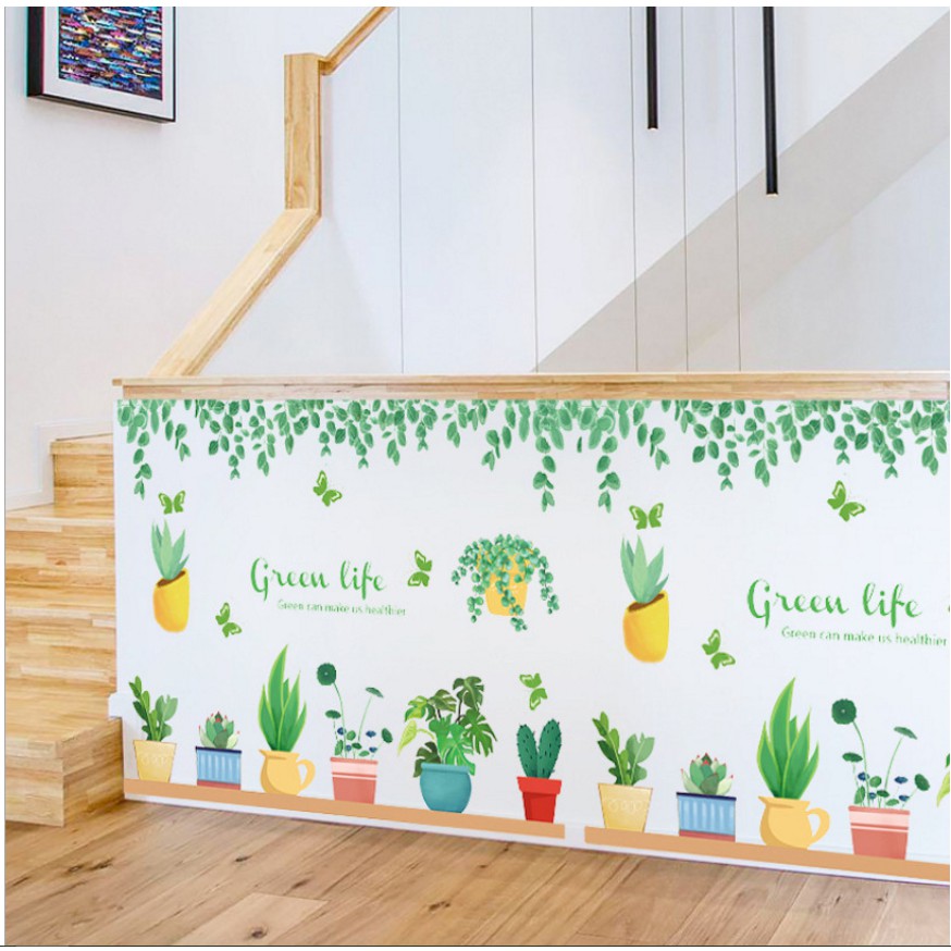 Decal dán tường - lá trần phối chậu mini xanh