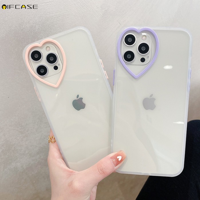 iPhone 12 11 Pro Max XS Max XR XS X 7 8 Plus Phone Case Love Loving Heart Camera Lens Hole Transparent Clear Cute Purple Pink Simple Soft TPU Casing Case Cover