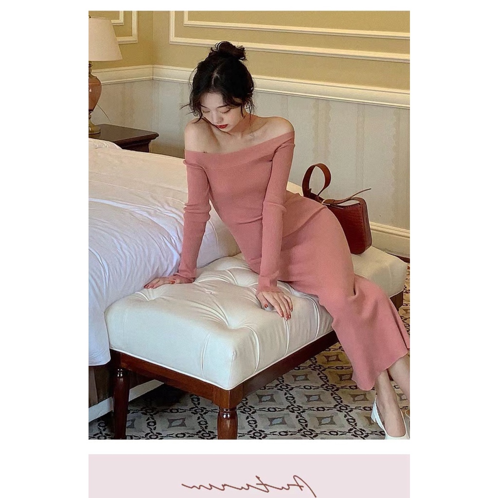 C & M Đầm Sweater Dệt Kim Trễ Vai Ôm Dáng Tay Dài Thời Trang Mùa Thu Cho Nữ