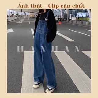 Quần yếm bò nữ dáng rộng xanh đậm phong cách Hàn Quốc(Sẵn S L XL)