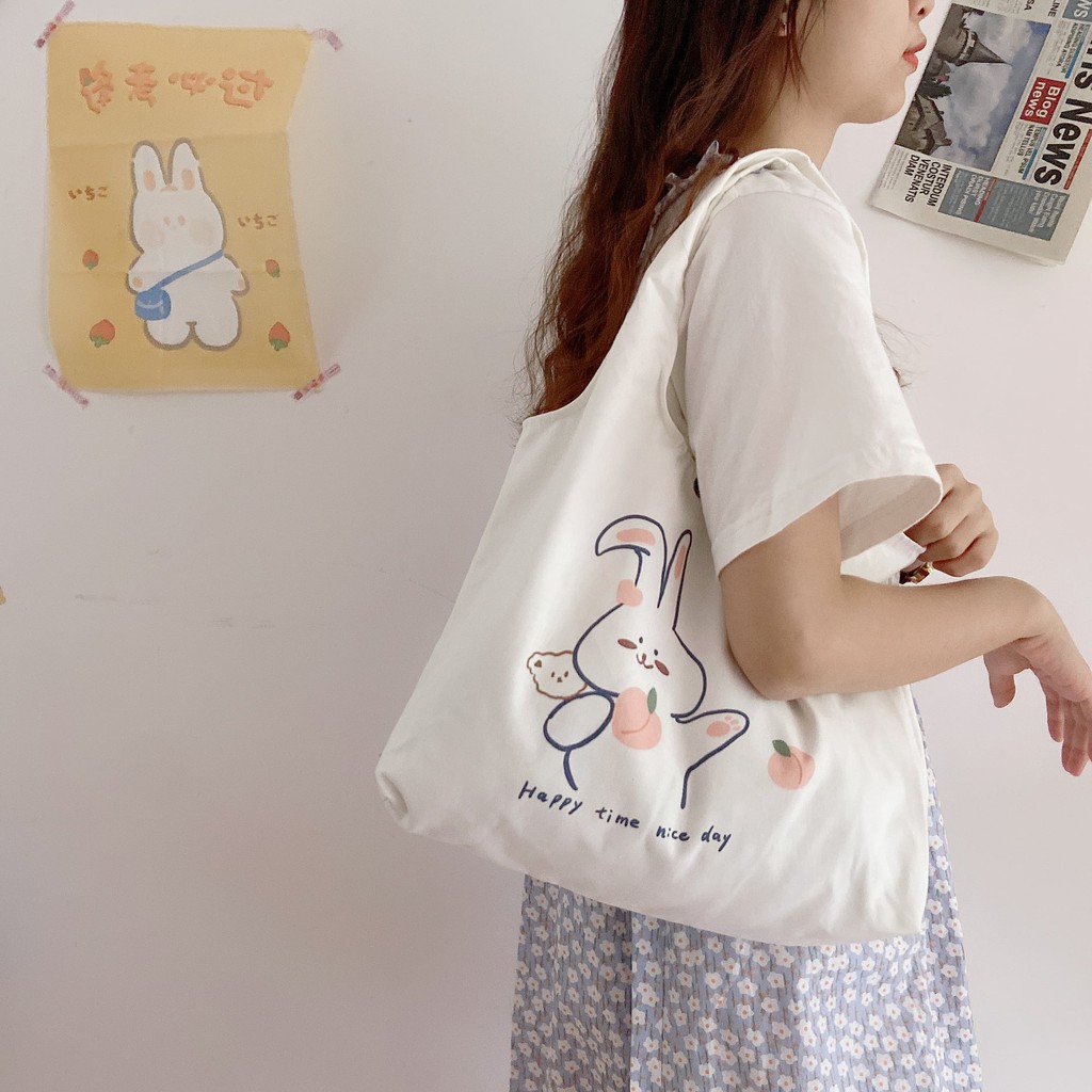 Túi tote canvas đeo vai THỎ ĐÀO unisex WK025