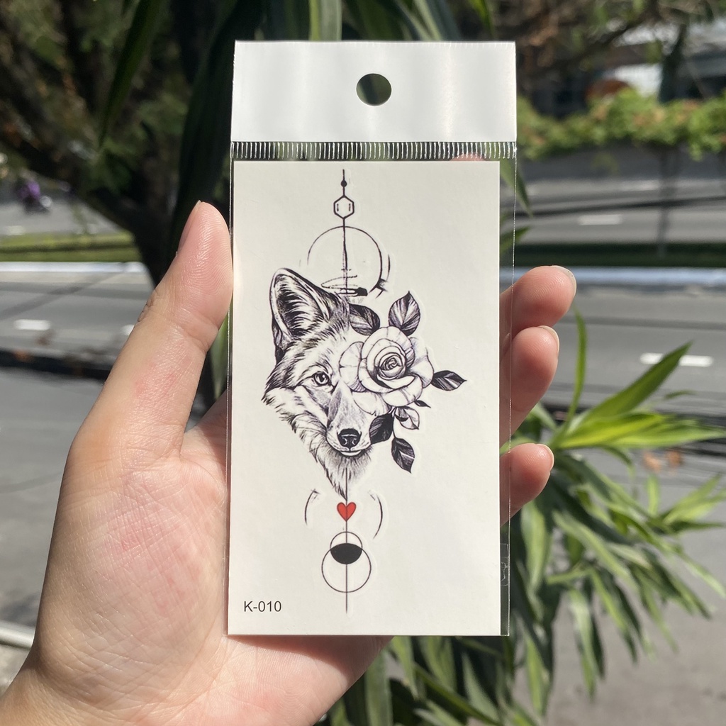 Hình xăm chó sói hoa hồng nhỏ k010- miếng dán tatoo tạm thời size &lt;10x6cm