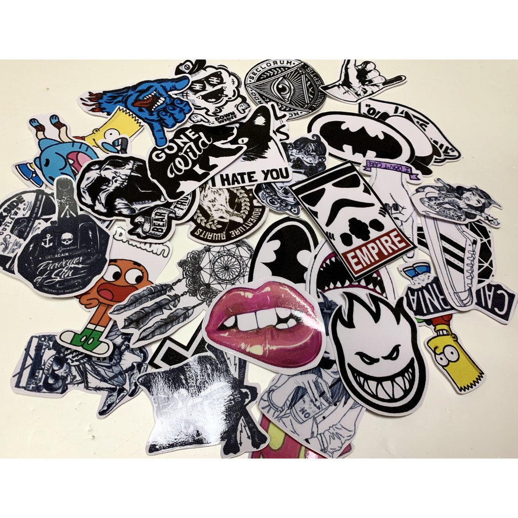 Sticker đen trắng Vali, xe, barber shop, Mũ bảo hiểm , macbook, đàn, tường...