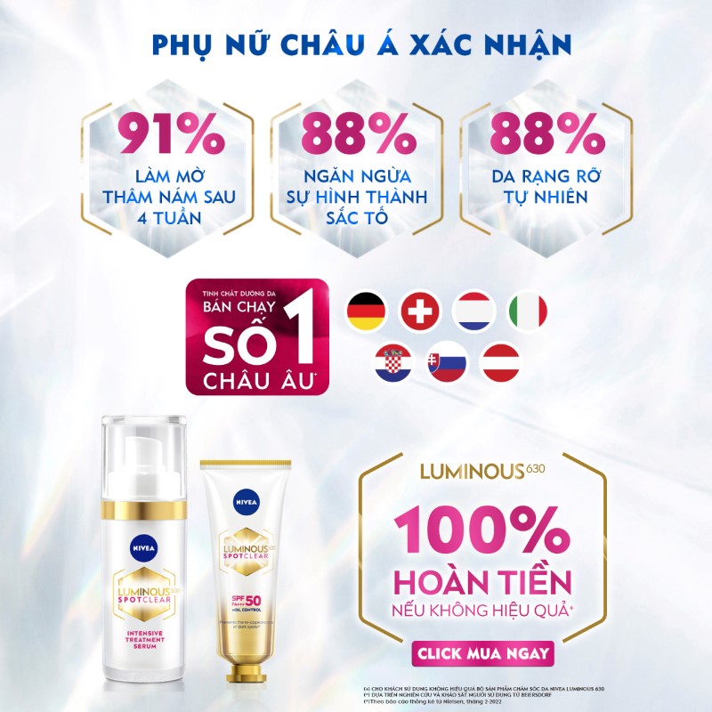 Bộ Sản Phẩm Dưỡng Da Chuyên Sâu NIVEA Luminous630 Làm Mờ Đốm Nâu|Giúp Ngừa Thâm Nám | Trắng Da | Chống Nắng(30 ml&40 ml)