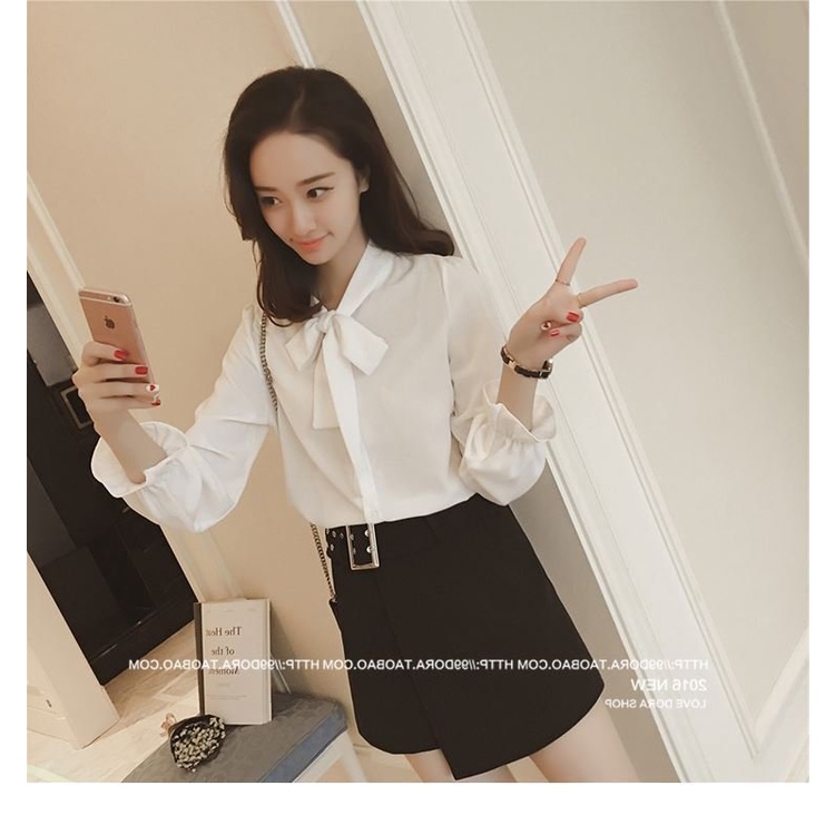 Áo Sơ Mi Tay Dài Công Sở Cho Nữ Thắt Nơ Kiểu Phong Cách Hàn Quốc Form Rộng S3T5-3