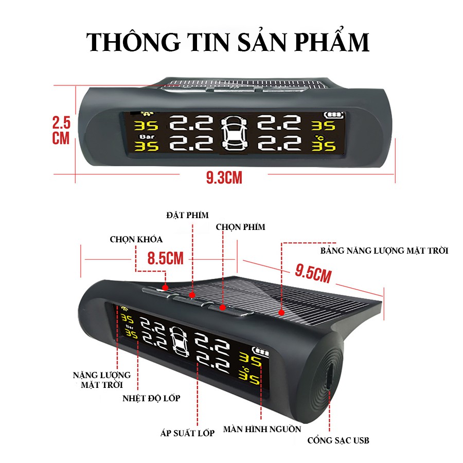 Cảm biến áp suất lốp van ngoài Malide+ màn hiển thị LCD, pin mặt trời, cổng sạc USB -  MLD36